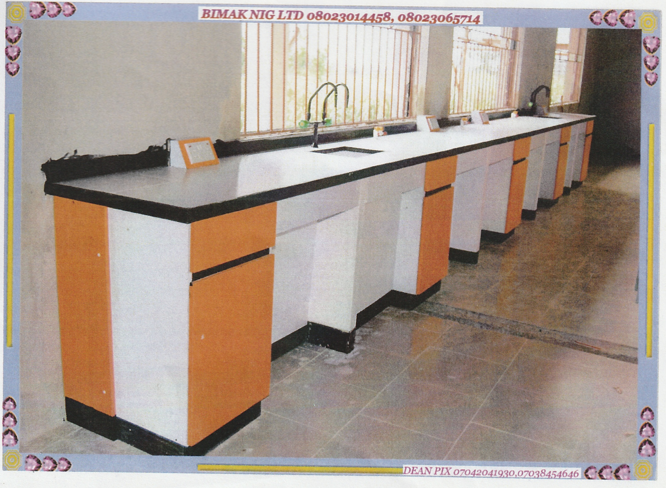 Long sink bench along the window wall